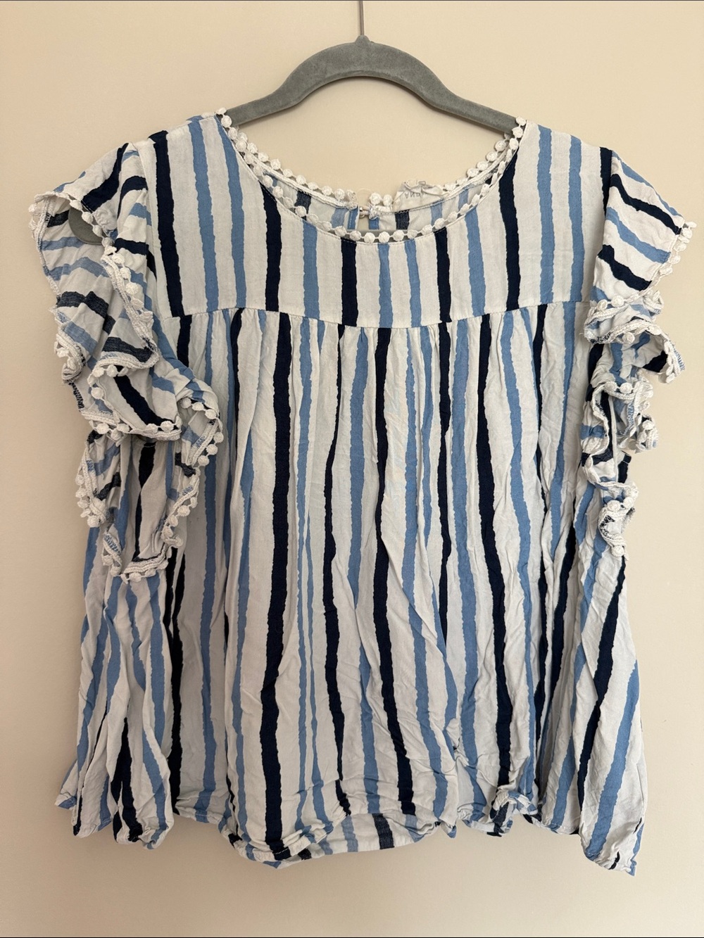 ANDREE BY UNIT Navy, Light Blue and White Striped Ruffle Sleeve Top